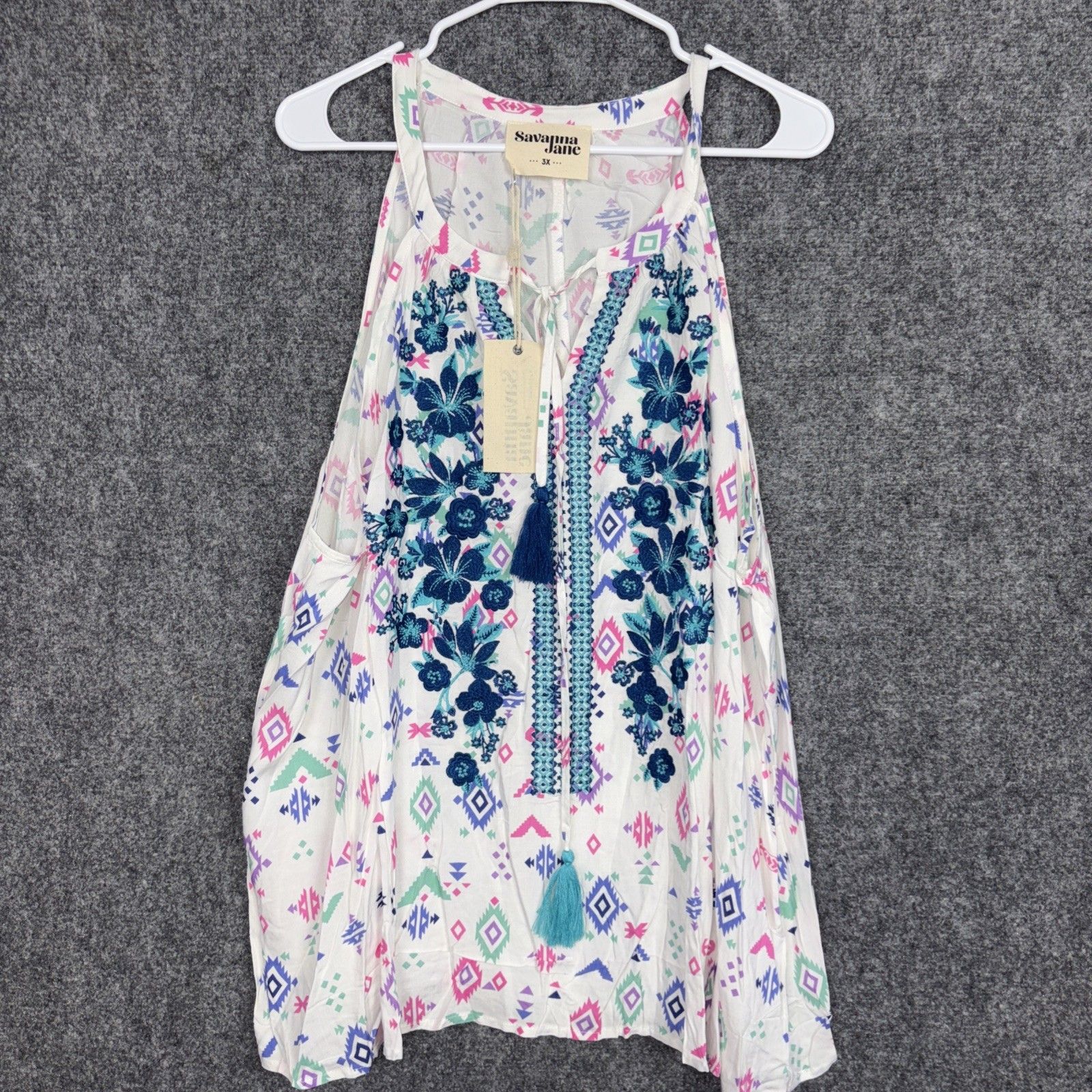 Savanna Jane Shirt Womens Size 3x Pink Blue Tassel Boho Embroidery Floral Flowy